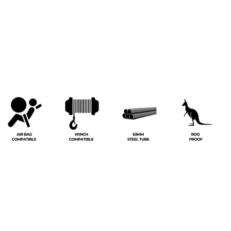 Four icons highlighting key features of the rockarmor elite bullbar with synthetic winch rope for toyota prado 150