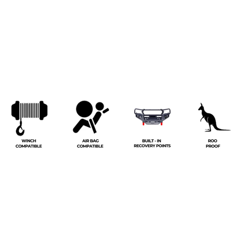 Vehicle accessory icons for rockarmor premium steel bullbar showing compatible toyota landcruiser fog lights and suspension suit