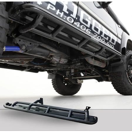 Black metal rockarmor steel rockslider side steps with checker plate step for Toyota Landcruiser Fj80 1990-1997 back side view